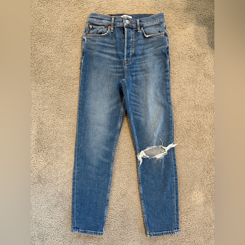 NWT RE/DONE 90s High Rise Ankle Crop Jean Worn Brook Blue Distressed 26